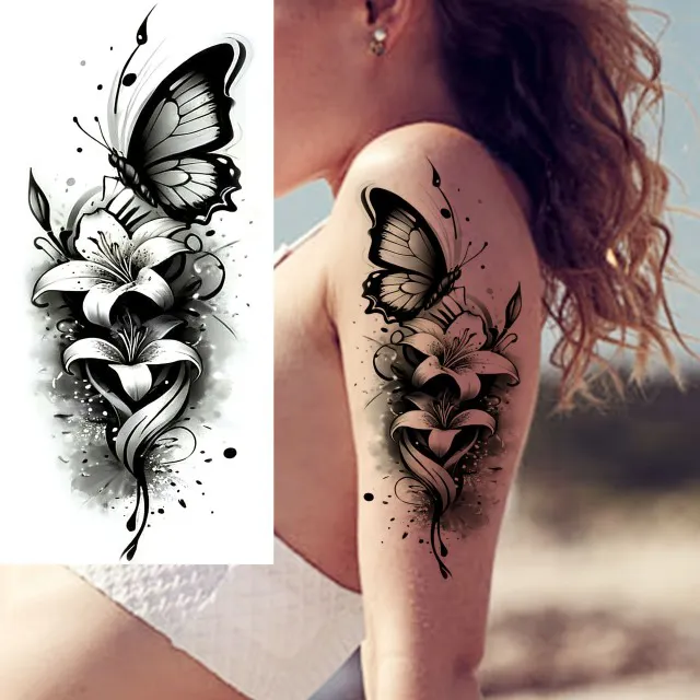 Začasna tattoo nalepka s črnim metuljem in lilijami